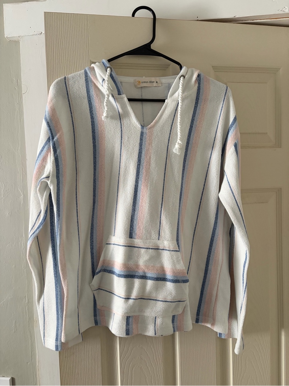 Ocean Drive White Hoodie with Blue and Pink Stripes